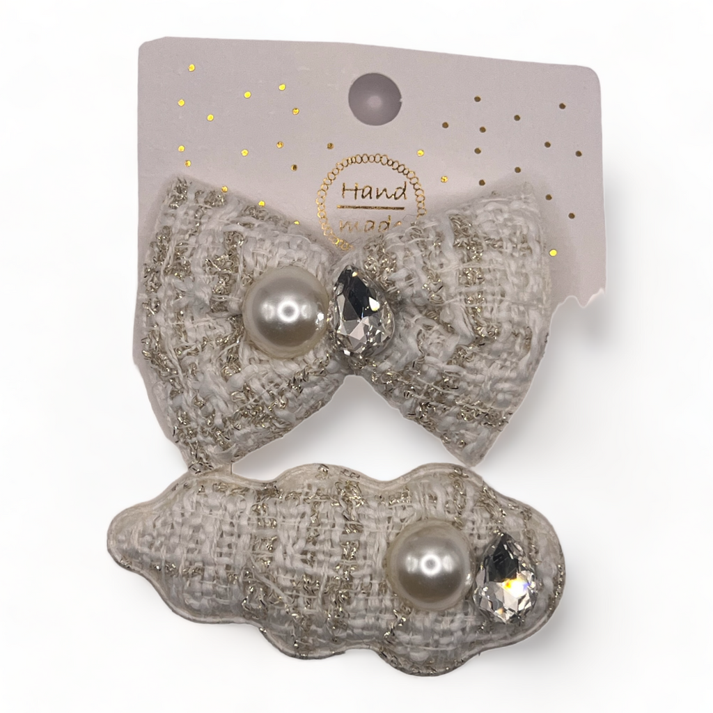 Kids Hand Made Clip In Bow White and Gold Shimmer