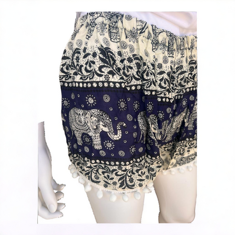 Unisex Thailand Elephant Shorts Casual Style Dark Blue  White Mix With Pom Pom