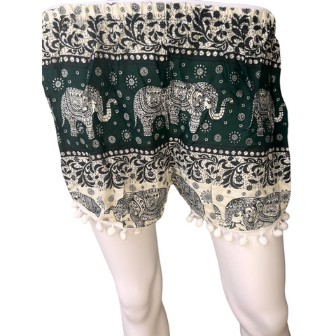 Unisex Thailand Elephant Shorts Casual Style Green With Pom Pom